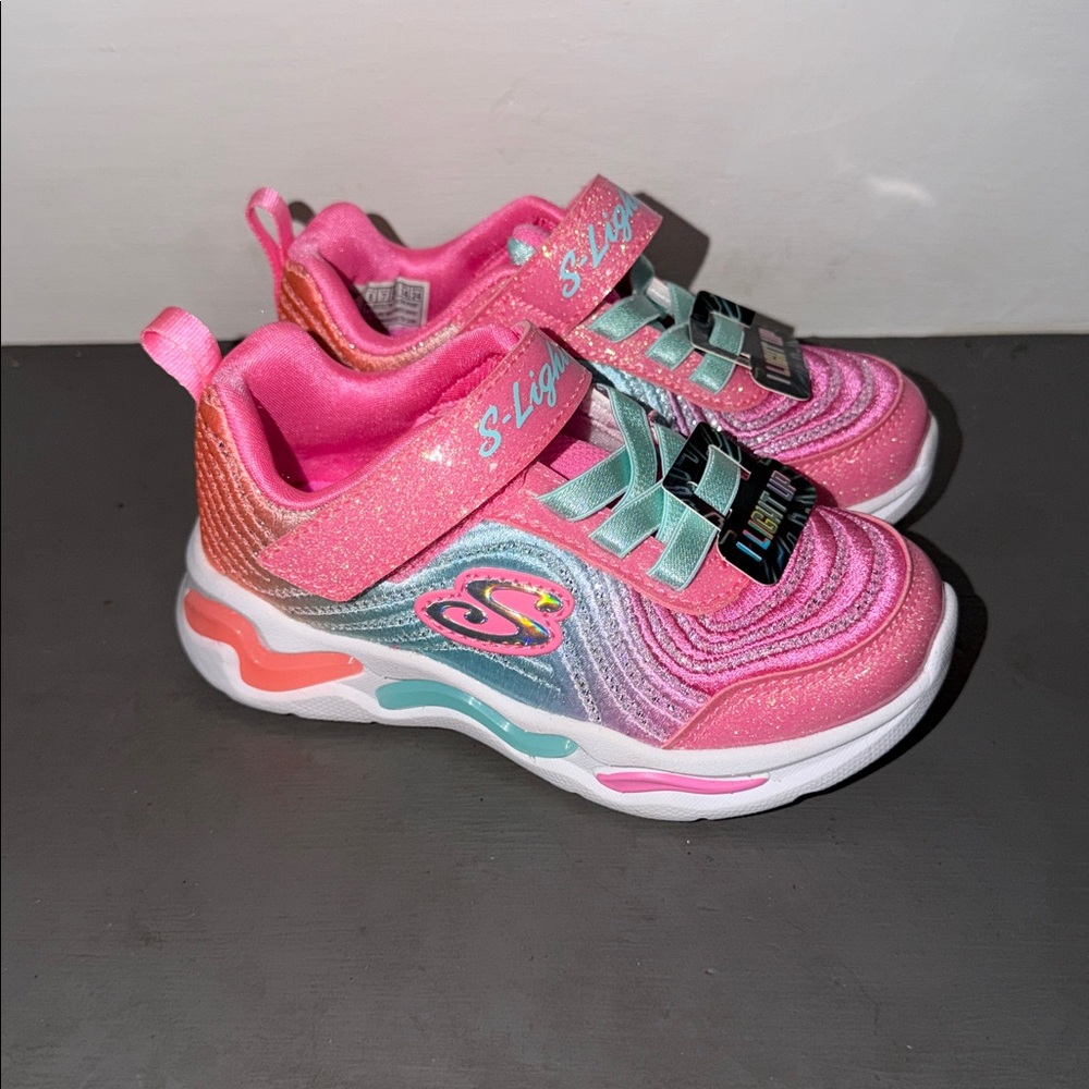 SKECHERS Girls S Sport Mae Star Print Light Up Sneakers Pink Sz 8 TODDLER - Picture 3 of 6